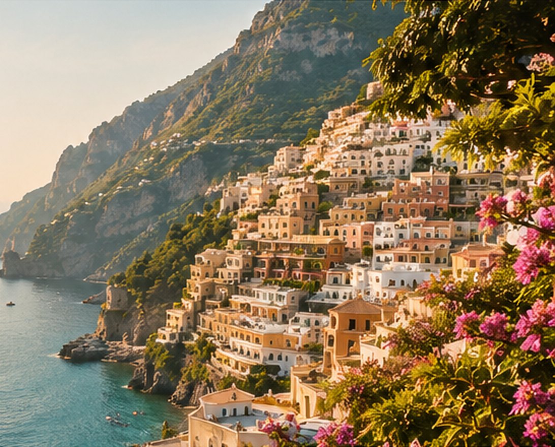 Coastal village with flowers at sunset